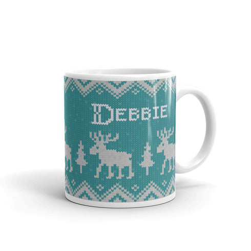 Scandinavian Moose Mug, Knitting Name Mug, Christmas Sweater Mug